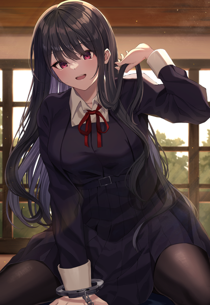 Anime picture 1702x2473 with original kurousagi yuu single long hair tall image looking at viewer blush fringe highres breasts open mouth black hair smile hair between eyes red eyes large breasts sitting indoors long sleeves :d