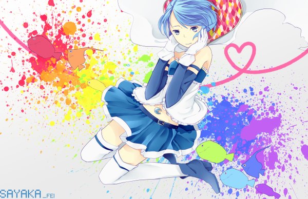 Anime picture 1300x842 with mahou shoujo madoka magica shaft (studio) miki sayaka single short hair blue eyes bare shoulders blue hair jumping heart of string girl thighhighs gloves detached sleeves white thighhighs heart cloak fish (fishes) splashes