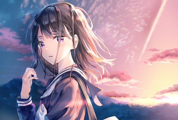 Anime picture 1748x1181 with original suzumi konbu single long hair looking at viewer blush fringe highres open mouth black hair purple eyes payot sky cloud (clouds) upper body outdoors evening condensation trail girl uniform