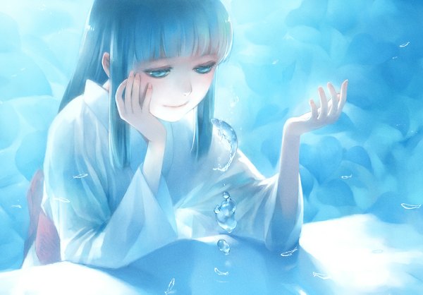 Anime picture 1000x698 with original irie io single long hair fringe sitting traditional clothes japanese clothes aqua eyes light smile aqua hair hand on chest girl water kimono