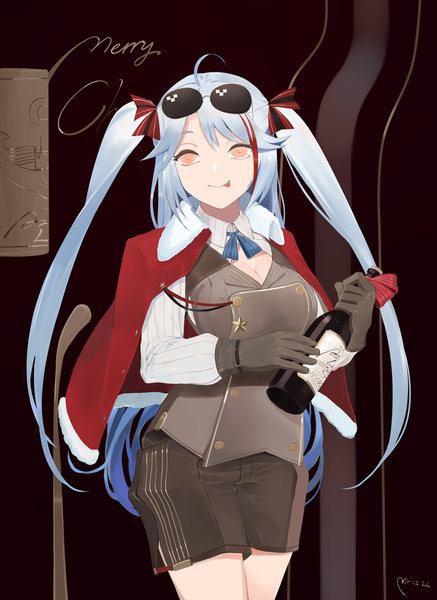 Anime picture 1190x1631 with azur lane prinz eugen (azur lane) yueguang zhanglang single long hair tall image looking at viewer red eyes standing holding silver hair ahoge light smile orange eyes two side up christmas :p sunglasses on head merry christmas girl