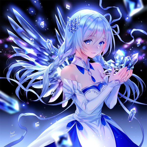 Anime picture 1000x1000 with original midori foo single long hair looking at viewer blush fringe breasts blue eyes hair between eyes signed payot blue hair cleavage braid (braids) parted lips blurry twin braids crying girl