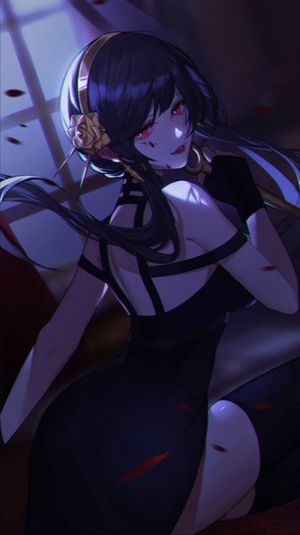 Anime picture 2160x3840 with spy x family yor briar momoaya single long hair tall image looking at viewer fringe highres breasts light erotic black hair red eyes bare shoulders holding blunt bangs looking back from behind back shaded face