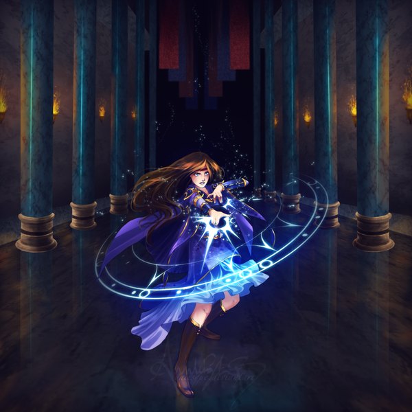 Anime picture 2000x2000 with goldprincess single long hair highres blue eyes brown hair signed magic girl pillar column torch
