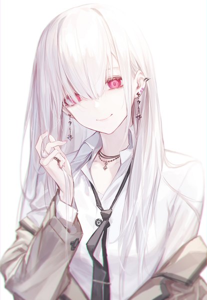 Anime picture 1087x1577 with original luen kulo single long hair tall image looking at viewer fringe simple background smile red eyes white background white hair nail polish head tilt fingernails hair over one eye off shoulder piercing ear piercing pale skin