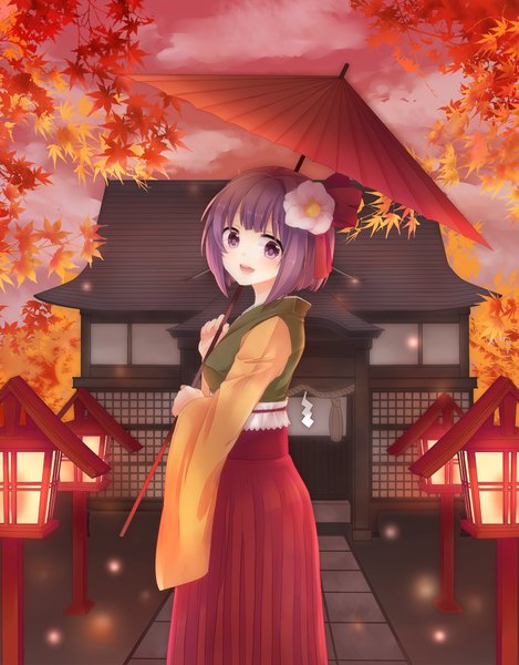 Anime picture 1080x1380 with touhou hieda no akyuu shiika yuno single tall image short hair open mouth smile purple eyes purple hair traditional clothes :d japanese clothes hair flower girl hair ornament flower (flowers) bow ribbon (ribbons) kimono