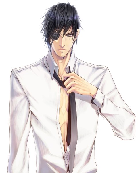 Anime picture 1200x1500 with sengoku basara production i.g date masamune yon maruji single tall image short hair black hair simple background white background open clothes open shirt undressing adjusting necktie boy shirt necktie white shirt eyepatch