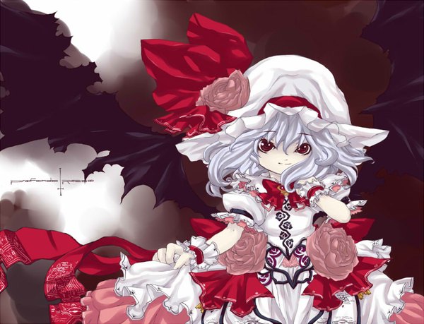 Anime picture 1000x766 with touhou remilia scarlet tm single looking at viewer fringe short hair smile red eyes holding white hair fingernails lolita fashion demon wings gothic girl dress flower (flowers) hat wings