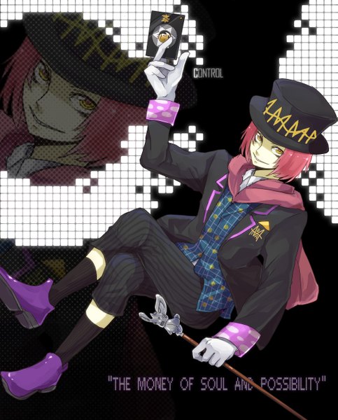 Anime picture 1045x1298 with c: the money of soul and possibility control masakaki (c) tall image short hair smile yellow eyes pink hair inscription boy gloves hat card (cards) cane