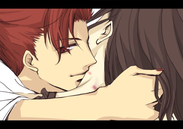 Anime picture 1200x850 with baccano! chane laforet claire stanfield aku (pixiv11678486) short hair smile red eyes brown hair bare shoulders red hair nail polish from behind kiss girl boy vampire bite love bite