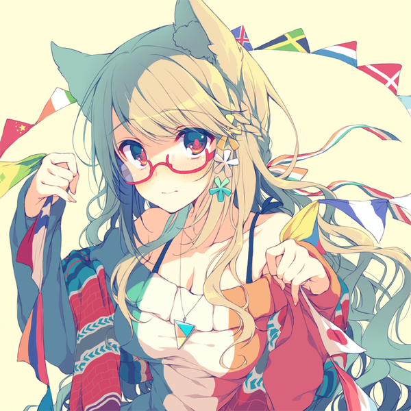 Anime picture 900x900 with original reia single long hair looking at viewer blush blonde hair simple background red eyes animal ears braid (braids) cat ears half updo girl dress hair ornament glasses necklace string of flags