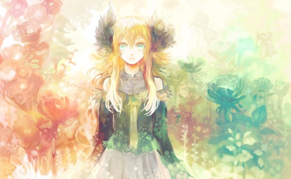 Anime picture 1320x816 with original chibi (shimon) single long hair blonde hair wide image bare shoulders aqua eyes girl dress flower (flowers)