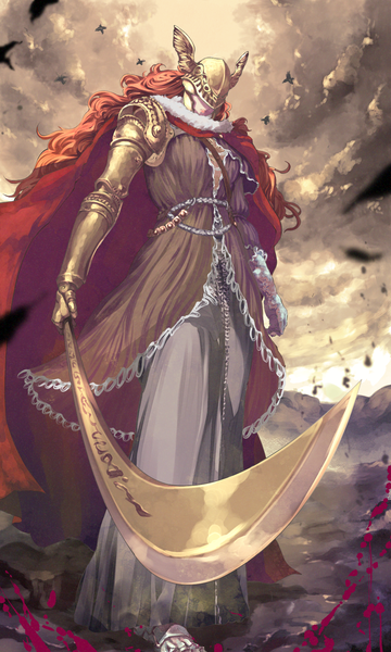 Anime picture 1200x2000 with elden ring malenia blade of miquella taka.yana single long hair tall image standing holding full body red hair from below girl weapon cape helmet prosthesis blade