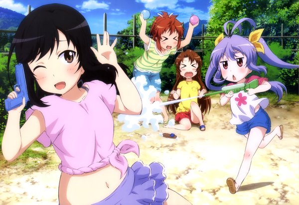 Anime picture 5943x4074 with non non biyori nyantype silver link ichijou hotaru miyauchi renge koshigaya komari koshigaya natsumi long hair blush highres short hair open mouth black hair red eyes brown hair multiple girls brown eyes absurdres purple hair eyes closed