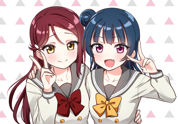 Anime picture 1434x1000 with love live! sunshine!! sunrise (studio) love live! sakurauchi riko tsushima yoshiko deadnooodles long hair looking at viewer blush fringe open mouth simple background smile hair between eyes purple eyes multiple girls yellow eyes blue hair upper body red hair