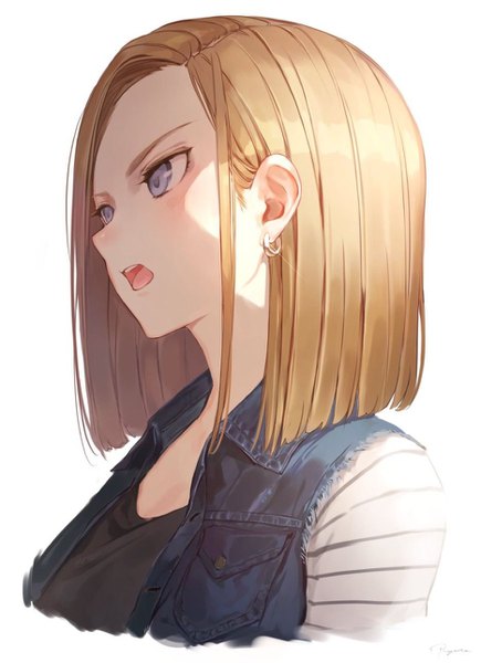 Anime picture 933x1286 with dragon ball dragon ball z android 18 ryota (ry o ta) single tall image blush short hair open mouth blue eyes simple background blonde hair white background looking away upper body teeth denim girl earrings vest