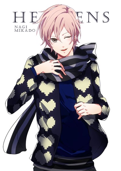 Anime picture 1000x1414 with uta no prince-sama a-1 pictures mikado nagi suzuhara (asparadise) single tall image looking at viewer short hair simple background white background pink hair parted lips one eye closed wink grey eyes character names boy scarf striped scarf