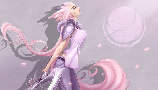 Anime picture 7000x4000 with original leaya (zackargunov) zackargunov single highres simple background wide image animal ears pink hair absurdres tail eyes closed very long hair animal tail profile lips grey background diana (league of legends) (cosplay) girl weapon