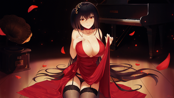 Anime picture 2880x1620 with azur lane taihou (azur lane) taihou (forbidden feast) (azur lane) alexiel (artist) single looking at viewer blush fringe highres breasts light erotic black hair smile hair between eyes red eyes wide image large breasts sitting bare shoulders payot