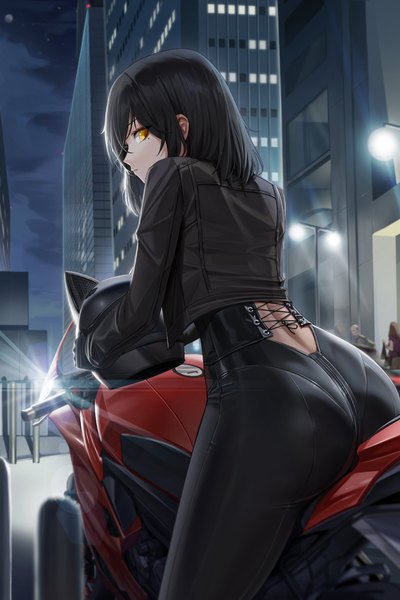 Anime picture 2731x4096 with original cryturtle long hair tall image fringe highres light erotic black hair hair between eyes sitting holding yellow eyes payot sky cloud (clouds) outdoors ass long sleeves profile looking back