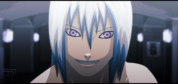 Anime picture 3100x1468 with naruto studio pierrot naruto (series) hozuki suigetsu palmereap single highres short hair smile wide image purple eyes bare shoulders white hair teeth coloring portrait face sharp teeth boy lantern