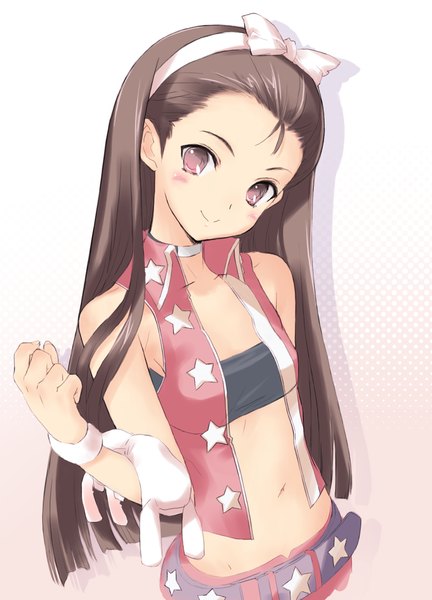 Anime picture 864x1200 with idolmaster minase iori kawata hisashi long hair tall image looking at viewer blush simple background smile brown hair white background bare shoulders brown eyes bare belly navel bow hair bow belt star (symbol)