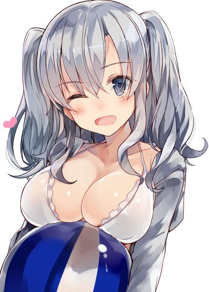 Anime picture 3573x5000 with kantai collection kashima training cruiser kou mashiro single long hair tall image looking at viewer blush fringe highres breasts open mouth blue eyes light erotic simple background hair between eyes large breasts white background twintails holding