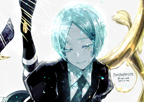 Anime picture 900x635 with houseki no kuni phosphophyllite morino bambi single short hair signed aqua eyes aqua hair puffy sleeves character names twitter username tears dated looking down legs up androgynous spoilers necktie
