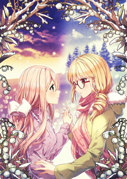 Anime picture 900x1271 with heart of the woods original abigail maddie raines rosuuri long hair tall image fringe blonde hair hair between eyes multiple girls pink hair sky cloud (clouds) blunt bangs long sleeves parted lips profile official art holding hands