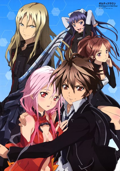 Anime picture 6059x8613 with guilty crown production i.g yuzuriha inori ouma shu tsugumi shinomiya ayase tsutsugami gai long hair tall image blush highres short hair open mouth black hair blonde hair smile red eyes brown hair multiple girls brown eyes