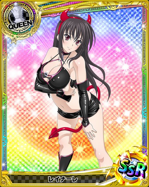 Anime picture 640x800 with highschool dxd raynare (dxd) single long hair tall image looking at viewer breasts light erotic black hair large breasts purple eyes cleavage tail horn (horns) card (medium) girl navel shorts short shorts