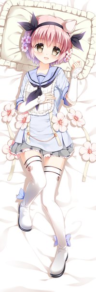 Anime picture 354x1063 with mahou shoujo ikusei keikaku snow white (mahoiku) xia xiang (ozicha) single tall image blush short hair open mouth brown eyes pink hair full body lying dakimakura (medium) sailor collar girl flower (flowers) detached sleeves boots pillow thigh boots