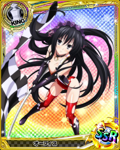 Anime picture 640x800 with highschool dxd ophis single tall image looking at viewer blush light erotic black hair very long hair black eyes torn clothes card (medium) girl thighhighs gloves black gloves elbow gloves flag lolita hairband checkered flag