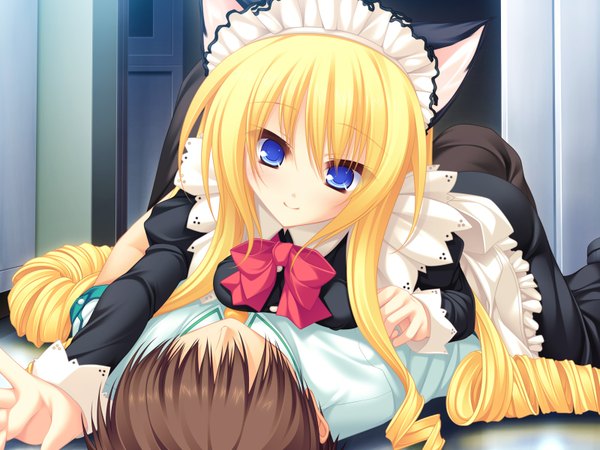 Anime picture 1600x1200 with neko koi! whirlpool (studio) koshimizu rei mikagami mamizu long hair blue eyes blonde hair game cg maid drill hair girl boy