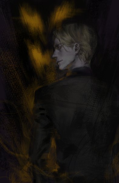 Anime picture 2264x3464 with monster (manga) johan liebert cotards27 single tall image looking at viewer highres short hair simple background blonde hair standing upper body profile looking back from behind realistic grey eyes dark background boy