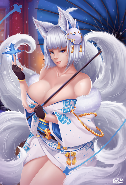 Anime picture 870x1280 with azur lane kaga (azur lane) kaga (white fox's new year greetings) (azur lane) exlic single tall image looking at viewer fringe short hair breasts blue eyes light erotic large breasts bare shoulders holding signed animal ears cleavage white hair tail