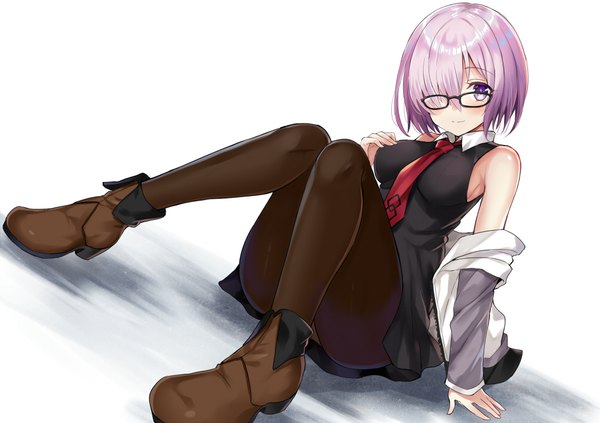 Anime picture 1000x706 with fate (series) fate/grand order mash kyrielight harimoji single looking at viewer blush fringe short hair breasts light erotic simple background white background sitting purple eyes bare shoulders purple hair full body bent knee (knees) long sleeves