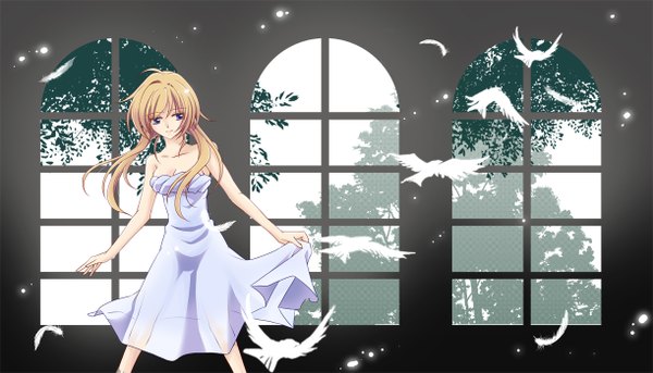 Anime picture 1222x700 with original yukisora (artist) single long hair blue eyes blonde hair wide image twintails girl dress animal window white dress bird (birds)