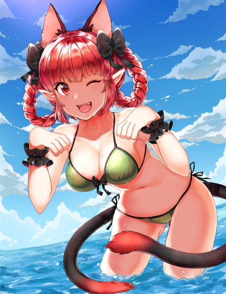 Anime picture 1000x1300 with touhou kaenbyou rin papo single long hair tall image looking at viewer fringe breasts open mouth light erotic red eyes bare shoulders animal ears sky cloud (clouds) red hair tail braid (braids) eyes closed