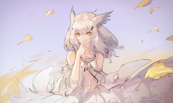 Anime picture 1395x834 with arknights ptilopsis (arknights) ryuuzaki ichi single long hair looking at viewer fringe hair between eyes wide image silver hair upper body outdoors wind orange eyes hand to mouth girl dress white dress leaf (leaves) autumn leaves