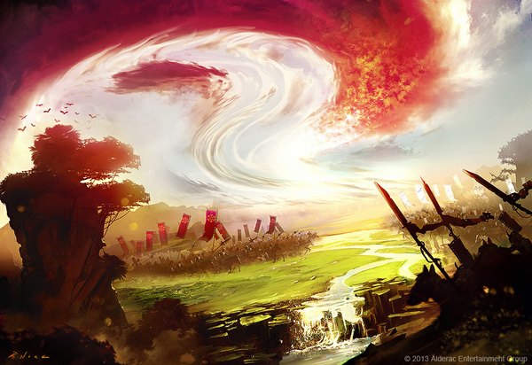 Anime picture 1000x688 with nstoyanov sky cloud (clouds) group flying river running field army weapon plant (plants) animal tree (trees) bird (birds) grass spear flag horse