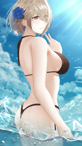 Anime picture 648x1152 with honkai impact 3rd honkai (series) rita rossweisse eleaaa single tall image blush fringe short hair breasts light erotic red eyes brown hair large breasts signed looking away sky cloud (clouds) ass parted lips