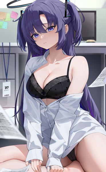 Anime picture 2288x3709 with blue archive yuuka (blue archive) rosumerii single long hair tall image looking at viewer fringe highres light erotic hair between eyes sitting purple eyes purple hair bent knee (knees) indoors long sleeves off shoulder two side up sleeves past wrists
