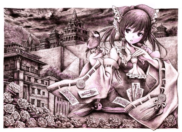 Anime picture 1200x873 with touhou hakurei reimu nobita (makoto7060355) single long hair city monochrome girl flower (flowers) bow hair bow detached sleeves animal bird (birds) castle