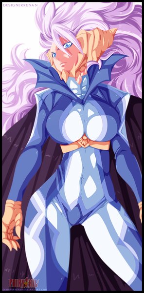 Anime picture 2098x4243 with fairy tail mirajane strauss designerrenan single long hair tall image highres blue eyes simple background white background pink hair inscription coloring demon girl girl cloak bodysuit
