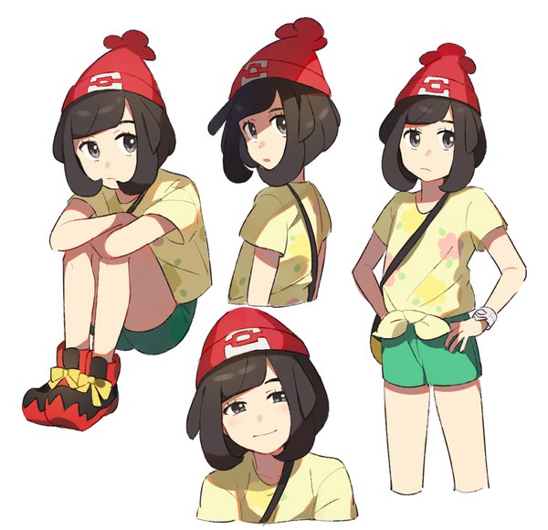 Anime picture 1050x1015 with pokemon pokemon (game) pokemon sm nintendo selene (pokemon) unapoppo fringe short hair black hair simple background standing white background sitting grey eyes multiview front-tie top hands on hips girl shorts short shorts