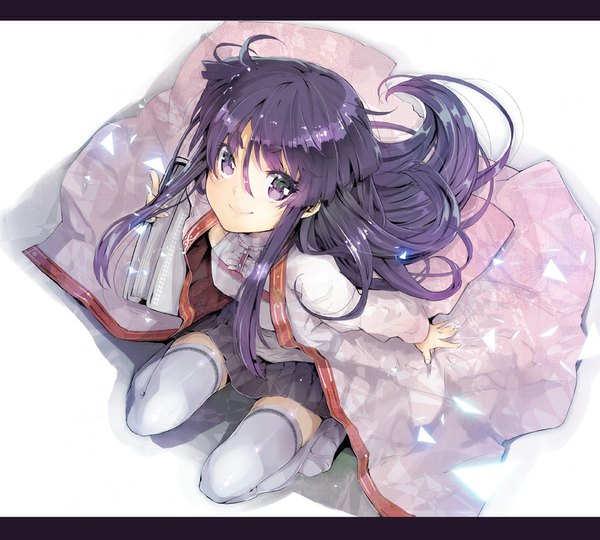 Anime-Bild 900x810 mit original yuugen single long hair looking at viewer fringe smile sitting purple eyes purple hair bent knee (knees) pleated skirt from above looking up squat shiny girl thighhighs skirt white thighhighs