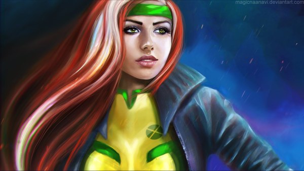 Anime picture 1920x1080 with x-men rogue (x-men) magicnaanavi single long hair highres simple background wide image green eyes white hair red hair multicolored hair lips open clothes open jacket two-tone hair wallpaper blue background girl jacket