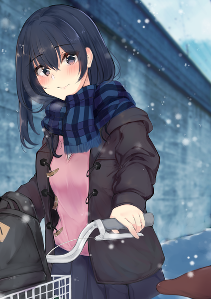 Anime picture 1157x1637 with original ashino single long hair tall image looking at viewer blush fringe black hair standing pleated skirt light smile black eyes open jacket snowing winter exhalation girl skirt miniskirt