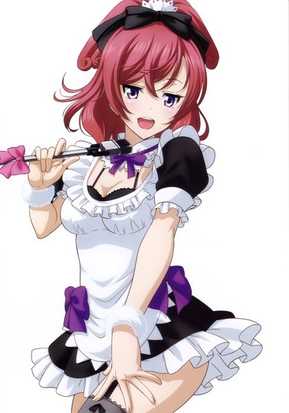 Anime picture 2144x3063 with love live! school idol project sunrise (studio) love live! nishikino maki inou shin single tall image looking at viewer highres short hair open mouth simple background white background purple eyes pink hair scan maid girl thighhighs dress